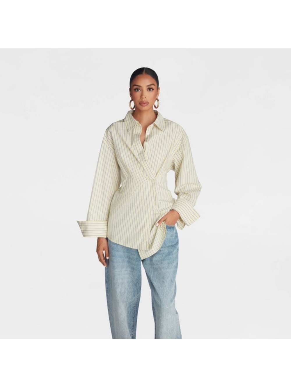 Target Women's Cream and Green Striped Button-Down Shirt